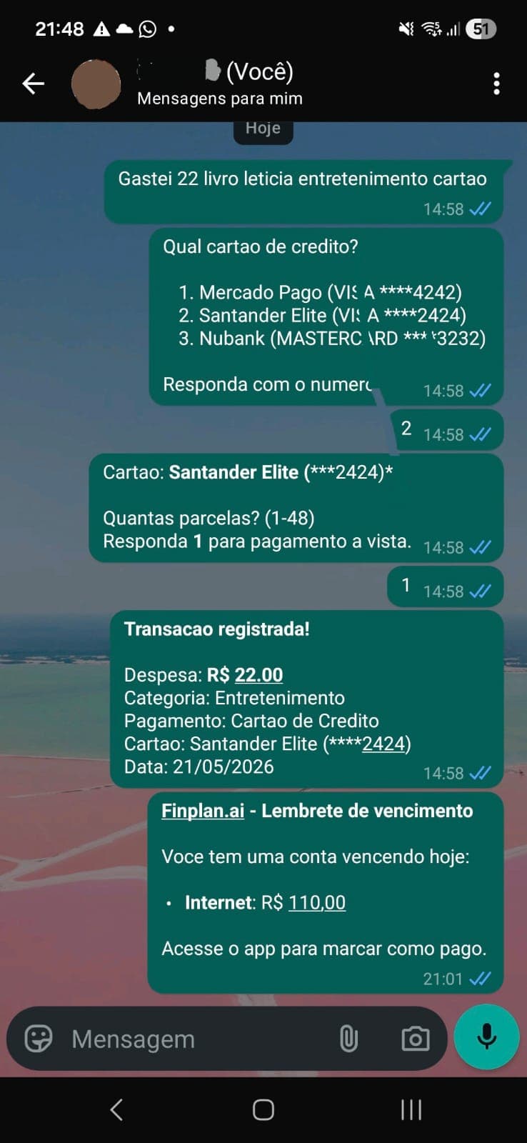 Transações e lembretes via WhatsApp